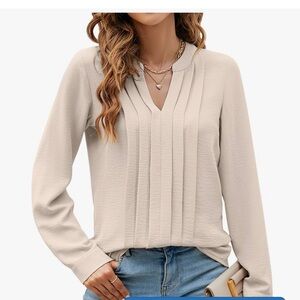 Cream Pleated Blouse with Mandarin Collar